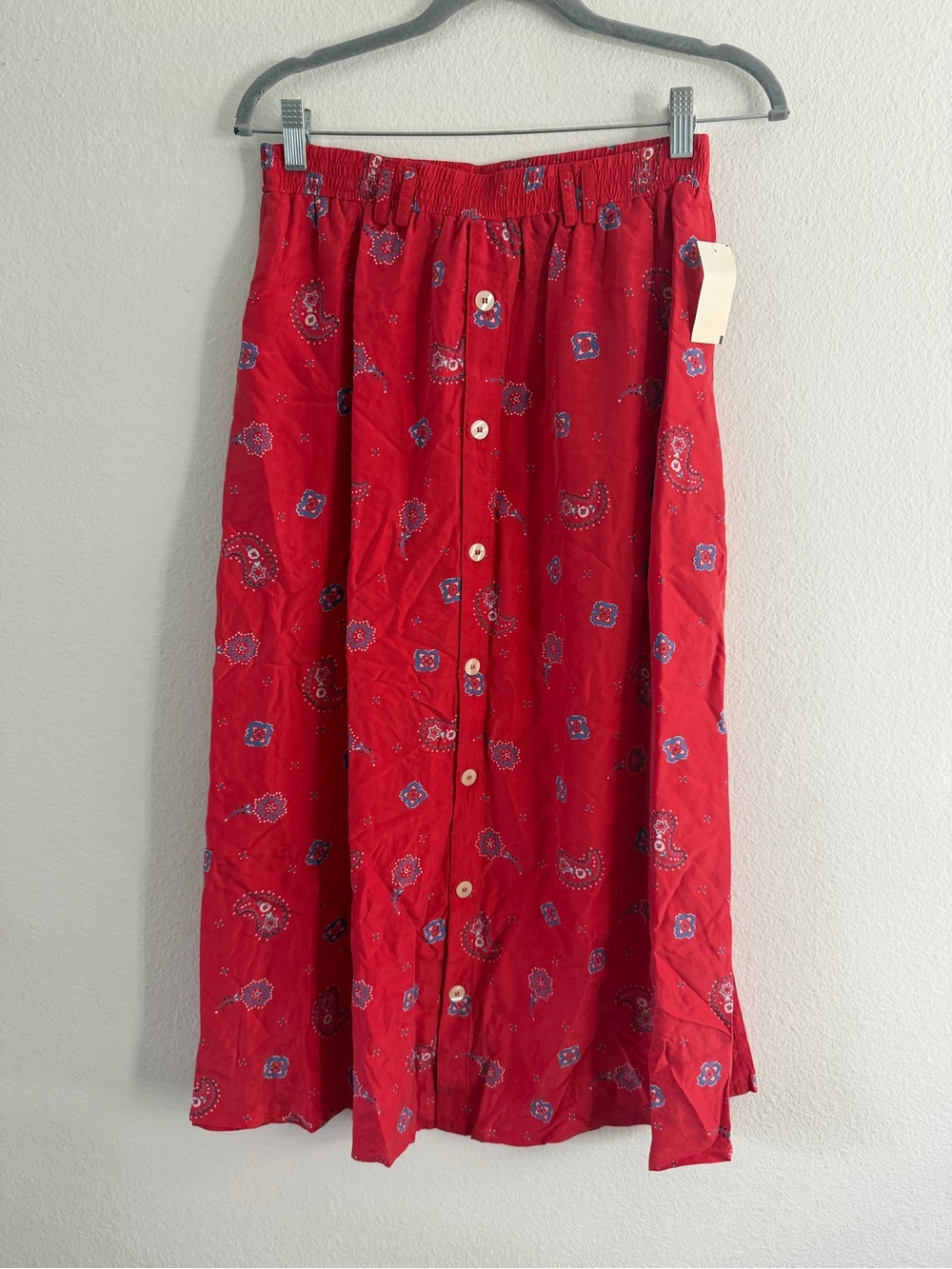 Vintage Lizwear Women’s Red White and Blue Button-Front Midi Skirt 100% Silk NWT